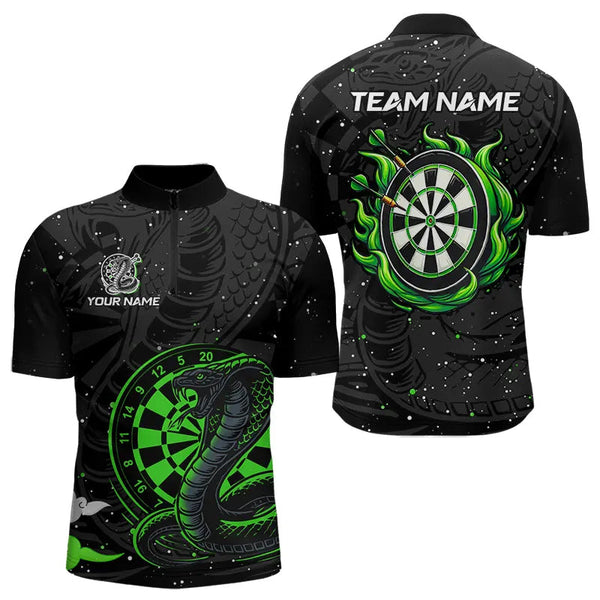 Maxcorners Black And Green Cobra Snake Darts Polo, Quarter Zip Shirts For Men Custom Name Darts Team Jerseys 