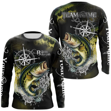 Maxcorners Personalized Black and Green Bass fishing scales compass Performance long sleeve Fishing Team Shirts LM1203