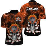 Maxcorners Bowling Ball And Pins Orange Smoke Skull  Customized Name, Team Name 3D Polo Shirt