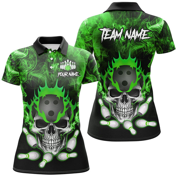 Maxcorners Bowling Ball And Pins Green Smoke Skull Customized Name, Team Name 3D Polo Shirt