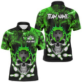 Maxcorners Bowling Ball And Pins Green Smoke Skull Customized Name, Team Name 3D Polo Shirt