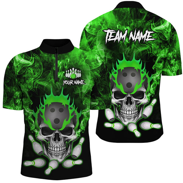 Maxcorners Bowling Ball And Pins Green Smoke Skull Customized Name, Team Name 3D Polo Shirt