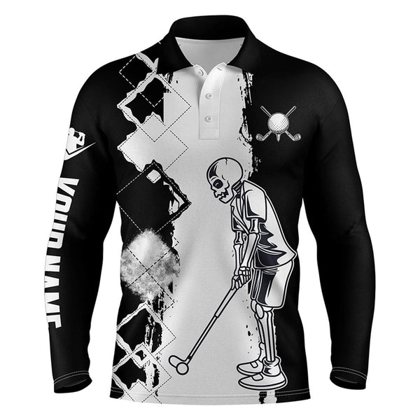 Maxcorner Customized Name Black And White Golf Skull 3D Polo Shirt