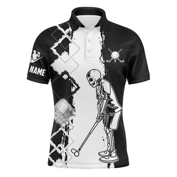 Maxcorner Customized Name Black And White Golf Skull 3D Polo Shirt