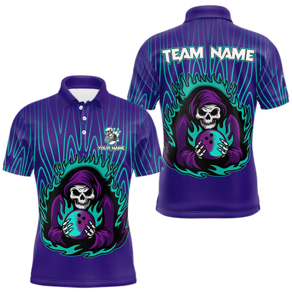 Maxcorners Custom Purple and Blue Flame Skull Reaper Bowling Shirts For Men, Personalized Bowling outfits men LM0611