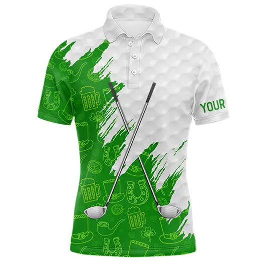 Maxcorners Green and White St Patrick's day pattern custom Mens golf polo shirts, team golf attire for men LM0901