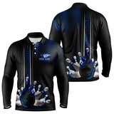 Maxcorners Personalized Black And Blue Flame Bowling Polo, Quarter Zip Shirts For Men Custom Bowling Team Jerseys