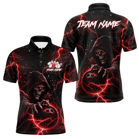 Maxcorners Custom Black And Red Lightning Thunder Skull Reaper Bowling Shirts For Men, Bowling Team Jerseys