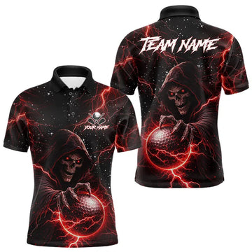Maxcorners Custom Black And Red Lightning Thunder Skull Reaper Mens Golf Polo Shirt, men's golf apparel
