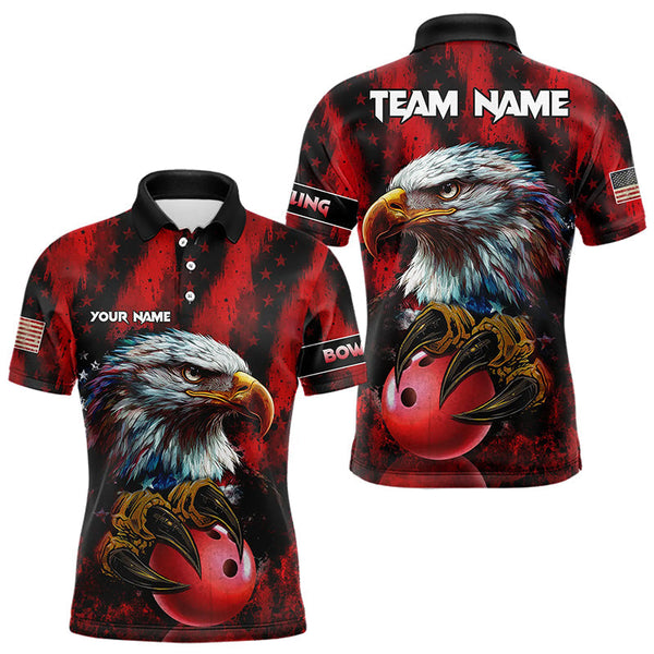 Maxcorners American Flag Eagle Bowling Polo, Quarter Zip Shirts For Men Custom Name Patriotic Bowling Team Jersey