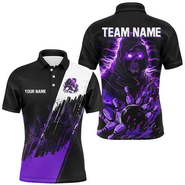 Maxcorners Bowling Ball And Pins Black And Purple Skull Reaper  Customized Name, Team Name 3D Polo Shirt Unisex