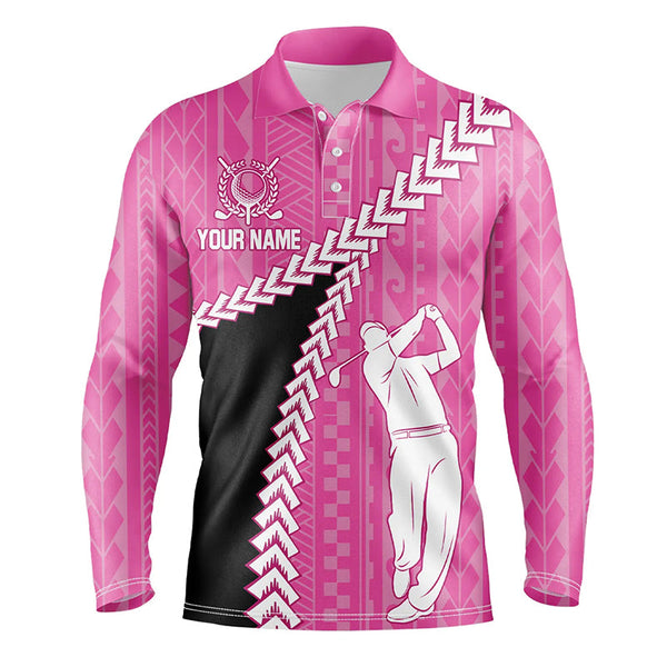 Maxcorners Golf Black And Pink Hawaiian Tribal Pattern Customized Name 3D Polo Shirt