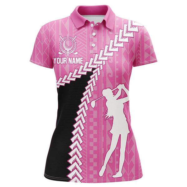 Maxcorners Golf Black And Pink Hawaiian Tribal Pattern Customized Name 3D Polo Shirt