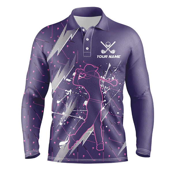 Maxcorners Golf Purple Camo Cool Customized Name 3D Polo Shirt