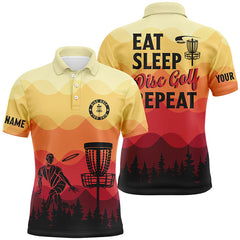 Maxcorners Sunset pattern Mens Disc golf polo shirts custom Eat sleep Disc golf repeat jersey, disc golf shirt MT0510