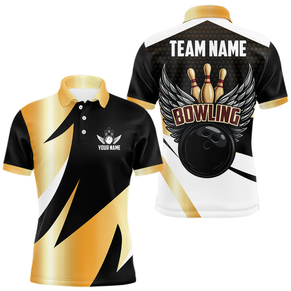 Maxcorners Black and Gold Bowling ball wings Bowling Polo, Quarter Zip Shirts for Men Custom Bowling Team jersey MT0811