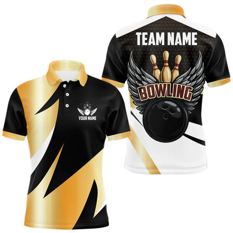 Maxcorners Black and Gold Bowling ball wings Bowling Polo, Quarter Zip Shirts for Men Custom Bowling Team jersey MT0811