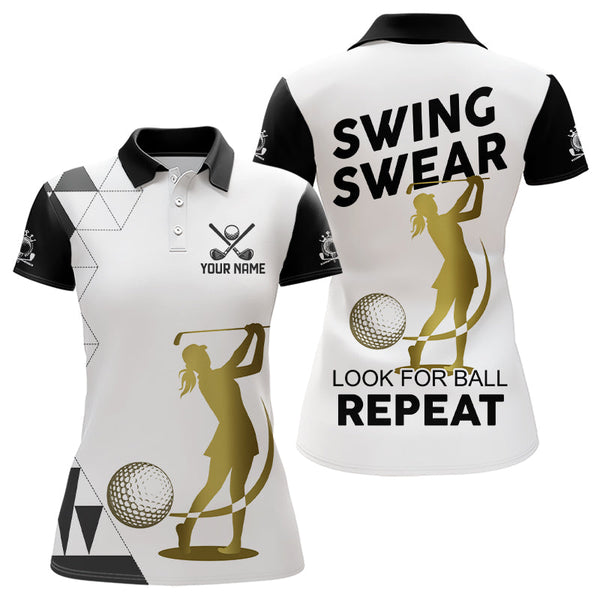 Maxcorners Black and White Womens Golf Polo Shirts custom Swing, swear, look for ball repeat golf tops for women