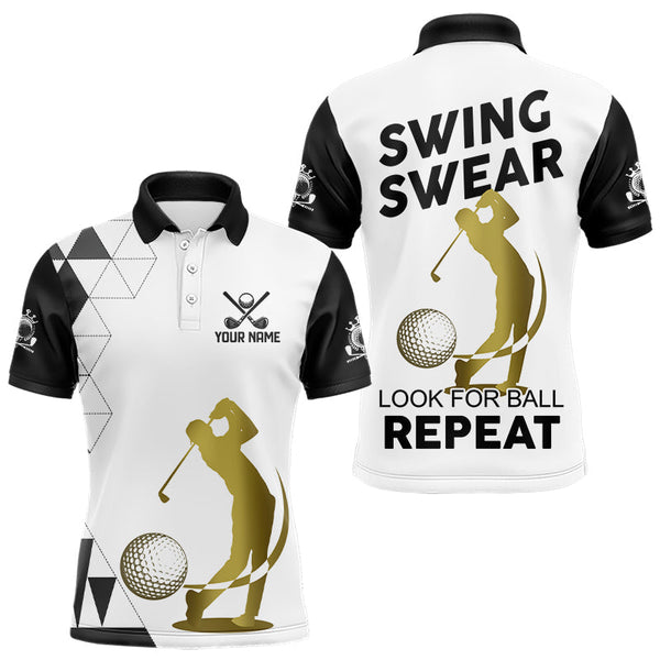 Maxcorners Black and White Mens Golf Polo Shirts custom Swing, swear, look for ball repeat golf tops for men