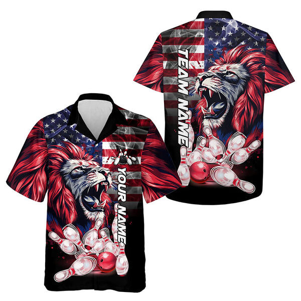 Maxcorners Smoke American Flag Lion Bowling Polo, 1/4 Zip Shirts For Men Custom Patriotic Team Bowling Jerseys LM0803