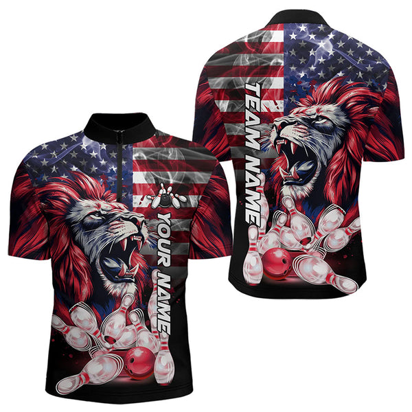 Maxcorners Smoke American Flag Lion Bowling Polo, 1/4 Zip Shirts For Men Custom Patriotic Team Bowling Jerseys LM0803