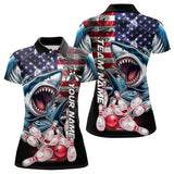 Maxcorners Smoke American Flag Shark Bowling Polo, 1/4 Zip Shirts For Men Custom Patriotic Team Bowling Jerseys LM0803