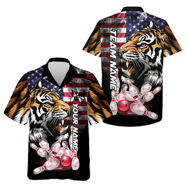 Maxcorners Smoke American Flag Tiger Bowling Polo, 1/4 Zip Shirts For Men Custom Patriotic Team Bowling Jerseys LM0803