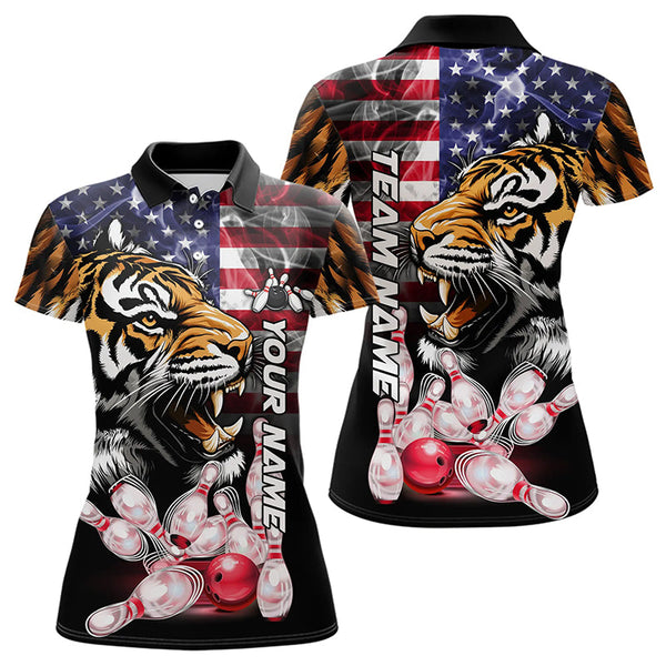 Maxcorners Smoke American Flag Tiger Bowling Polo, 1/4 Zip Shirts For Men Custom Patriotic Team Bowling Jerseys LM0803