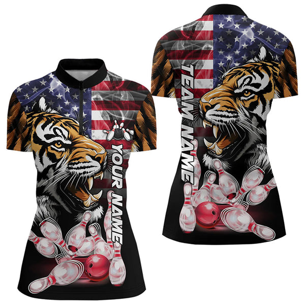 Maxcorners Smoke American Flag Tiger Bowling Polo, 1/4 Zip Shirts For Men Custom Patriotic Team Bowling Jerseys LM0803