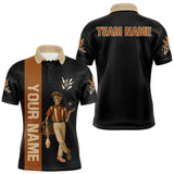 Maxcorners Black and Brown Skull Retro Bowling Polo, Quarter Zip Shirts For Men Custom Team Bowling Jersey TU1410