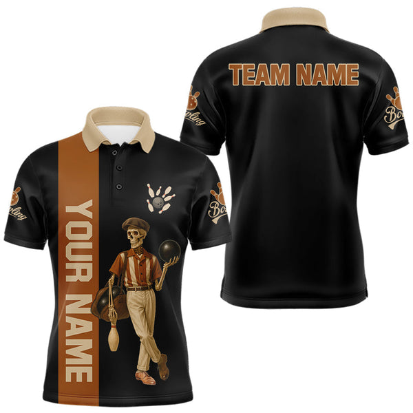 Maxcorners Black and Brown Skull Retro Bowling Polo, Quarter Zip Shirts For Men Custom Team Bowling Jersey TU1410