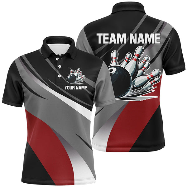 Maxcorners Black, Gray And Red Bowling Jersey Customized Name, Team Name 3D Shirt