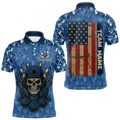 Maxcorners Blue Camo American Flag Veteran Skull Bowling Shirts For Men Custom patriotic Bowling Team Jerseys MT0811