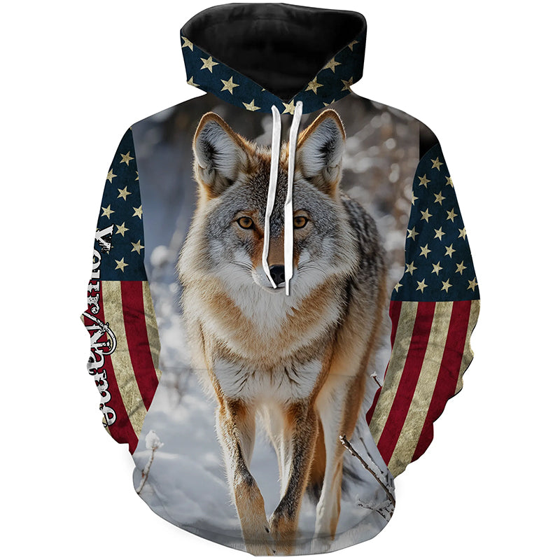 Maxcorners Coyote Hunting American Flag Patriotic Custom Name Shirt 3D All Over Printed Clothes