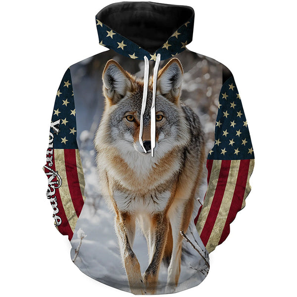 Maxcorners American Flag Coyote Hunting Predator Camouflage Custom Name Shirt 3D All Over Printed Clothes