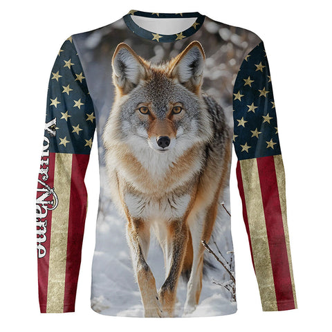 Maxcorners Coyote Hunting American Flag Patriotic Custom Name Shirt 3D All Over Printed Clothes