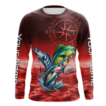 Maxcorners Personalized Mahi Mahi, Wahoo, Tuna Red Performance Fishing Shirt, compass offshore tournament Shirts LM1501
