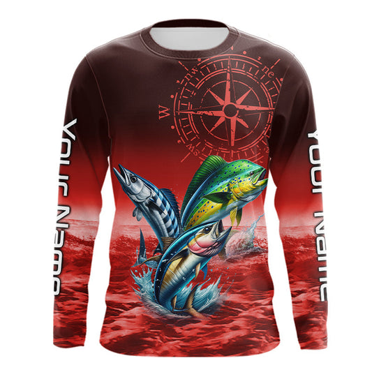 Maxcorners Personalized Mahi Mahi, Wahoo, Tuna Red Performance Fishing Shirt, compass offshore tournament Shirts LM1501