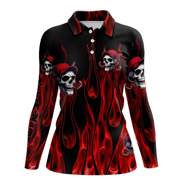 Maxcorners Red Flame Skull Mens golf polo shirts custom skull fire golf apparel for mens