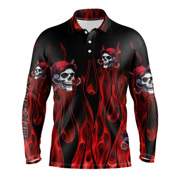 Maxcorners Red Flame Skull Mens golf polo shirts custom skull fire golf apparel for mens