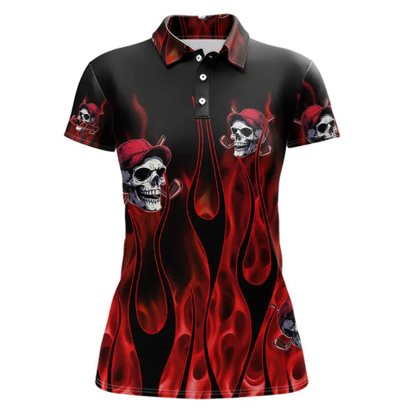 Maxcorners Red Flame Skull Mens golf polo shirts custom skull fire golf apparel for mens