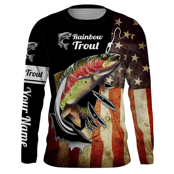 MaxCorners Rainbow Trout Fishing Fish Hook American Flag Customized Name 3D Long Sleeve Shirt