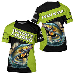 Maxcorners Black Green Walleye fishing Custom Long Sleeve Tournament Fishing Shirts, Performance Fishing Jerseys MT2108