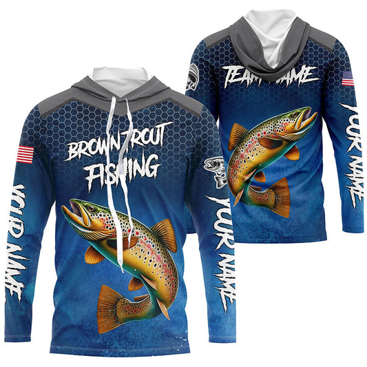 Maxcorners Blue Camo Brown Trout Fishing Custom Performance Long Sleeve Team Trout Fishing Tournament Shirts