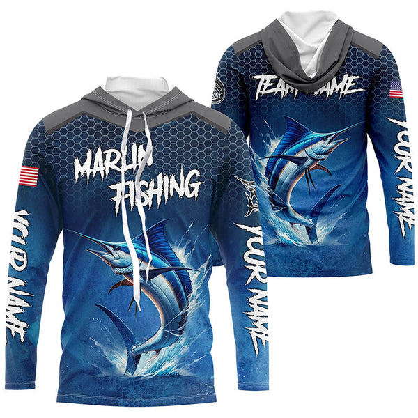 Maxcorners Blue Camo Marlin Fishing Custom Performance Long Sleeve Team Marlin Fishing Tournament Shirts