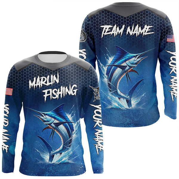 Maxcorners Blue Camo Marlin Fishing Custom Performance Long Sleeve Team Marlin Fishing Tournament Shirts