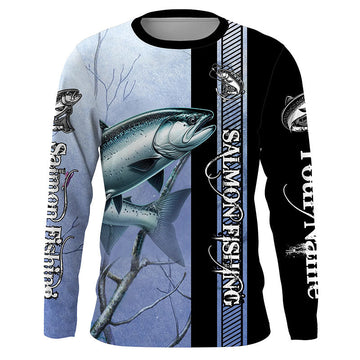 Maxcorners Chinook salmon fishing blue camo Custom name King salmon fishing Long sleeve, Long Sleeve Hooded LM0201