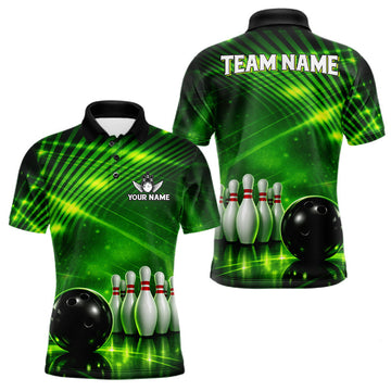 Maxcorners Green Light Bowling Polo, Quarter Zip Shirts For Men Custom Bowling Team Jerseys, Gift For Bowlers