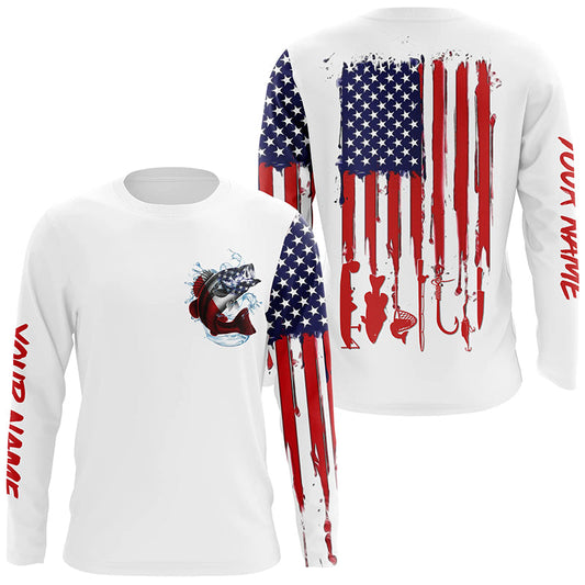 Maxcorners American flag Largemouth Bass fishing personalized patriotic UV Protection long sleeve Fishing Shirts LM0201