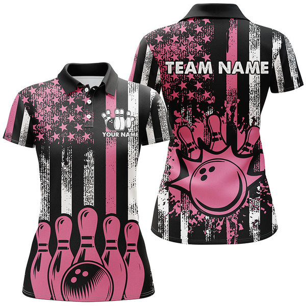 Maxcorners Pink American Flag Retro Bowling Polo, Quarter zip Shirt custom breast cancer bowling jerseys